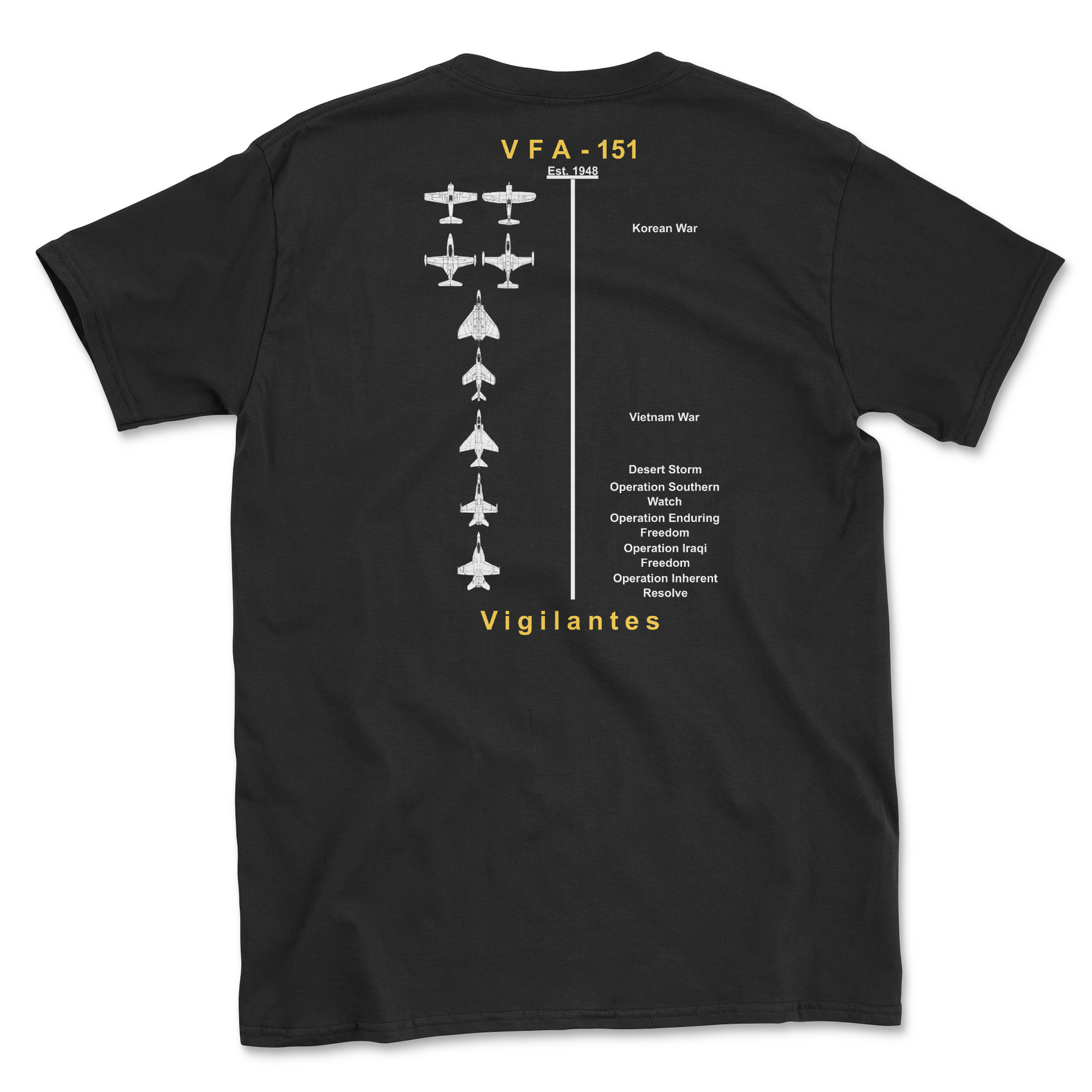 Black t-shirt with squadron aircraft and supported combat.