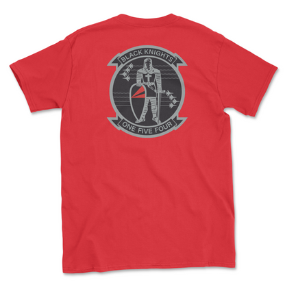Red t-shirt with squadron patch.