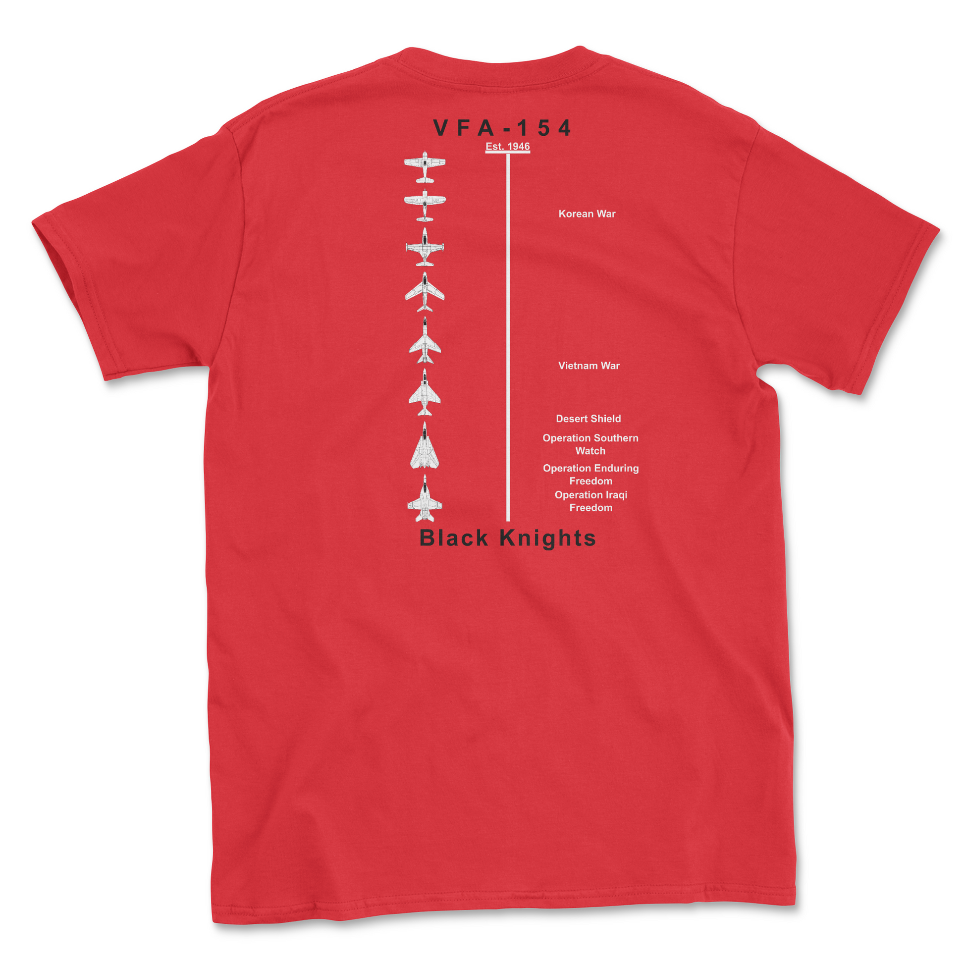 Red t-shirt with squadron aircraft and supported combat.