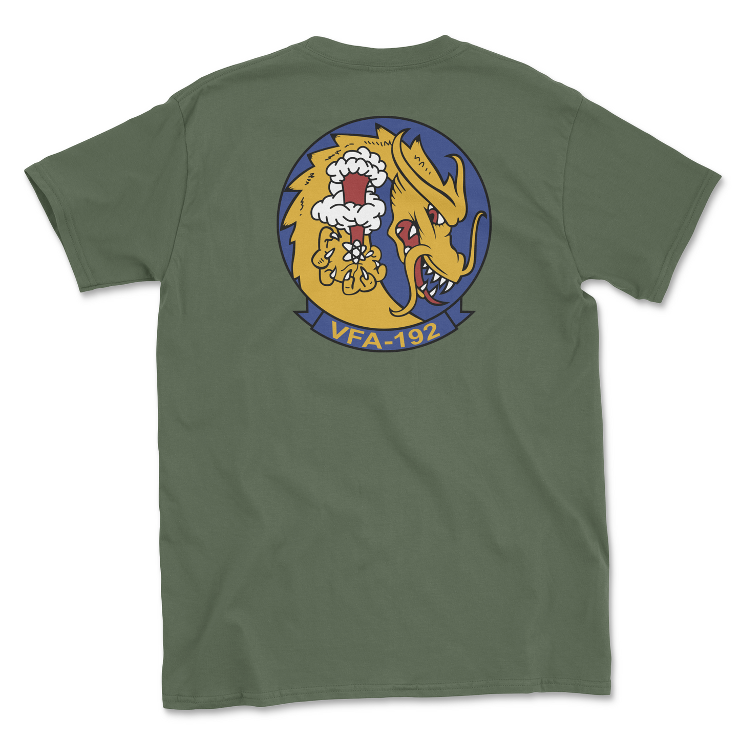 Military green t-shirt with squadron patch.