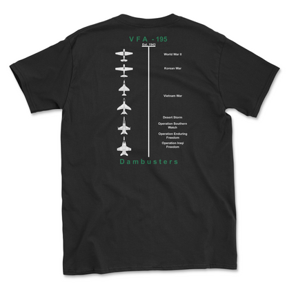 Black t-shirt with squadron aircraft and supported combat.