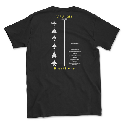 Black t-shirt with squadron aircraft and supported combat.