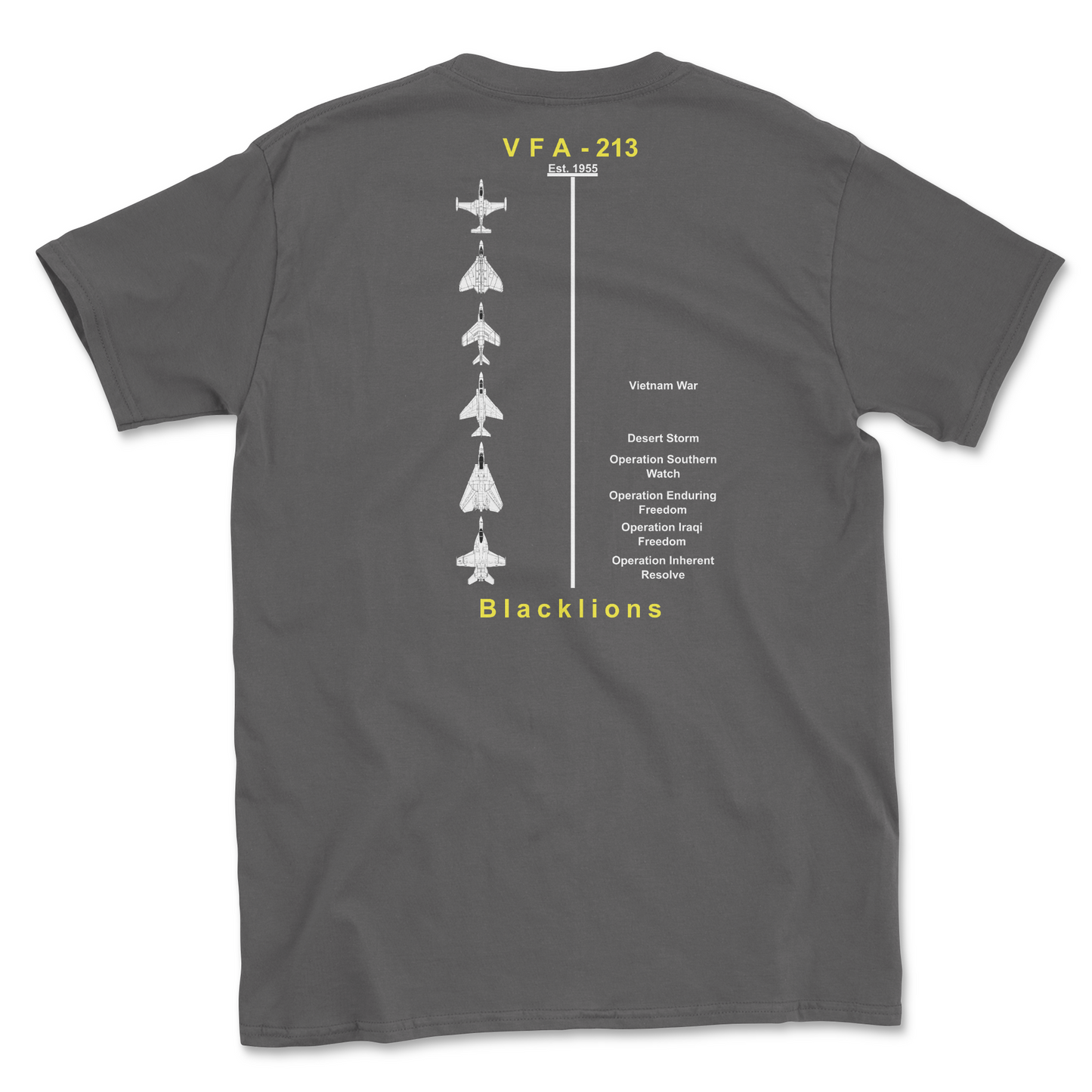 Charcoal t-shirt with squadron aircraft and supported combat.
