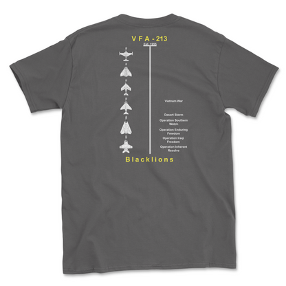 Charcoal t-shirt with squadron aircraft and supported combat.
