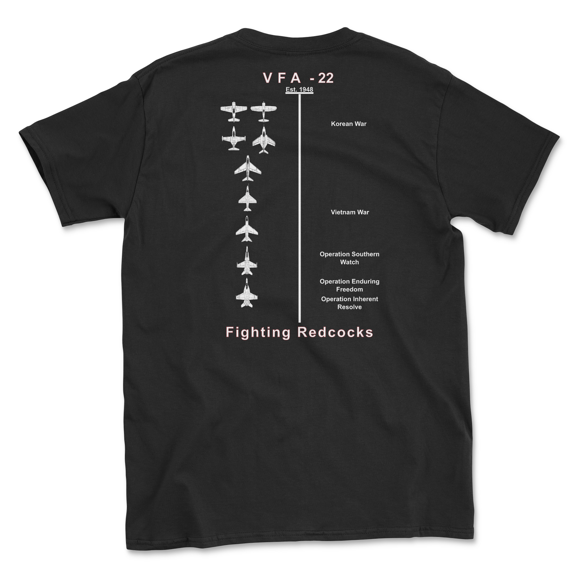 Black t-shirt with squadron aircraft and supported combat.