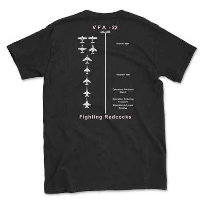 Black t-shirt with squadron aircraft and supported combat.
