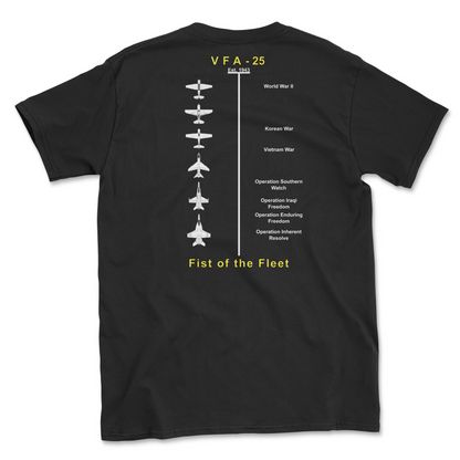 Black t-shirt with squadron aircraft and supported combat.