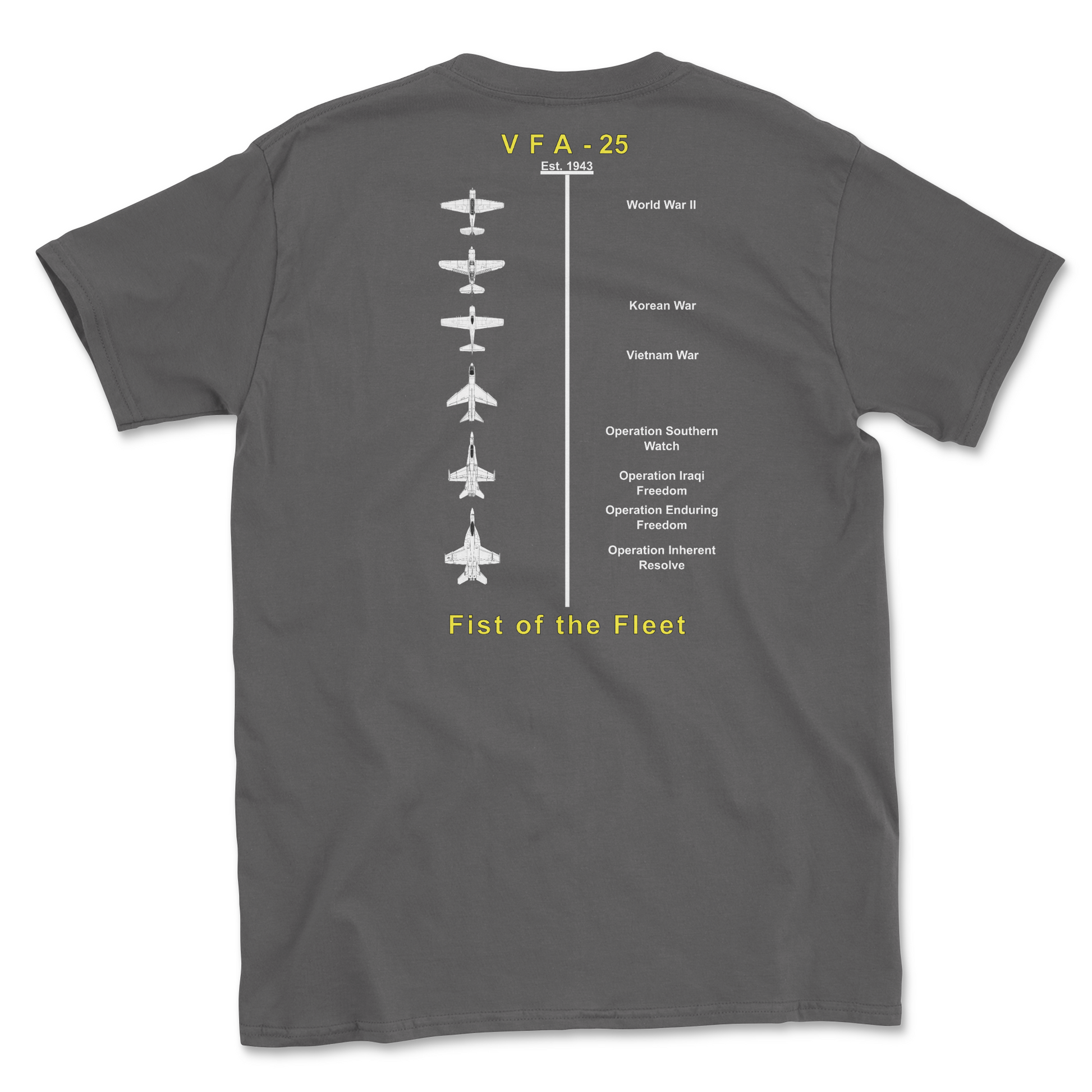 Charcoal t-shirt with squadron aircraft and supported combat.