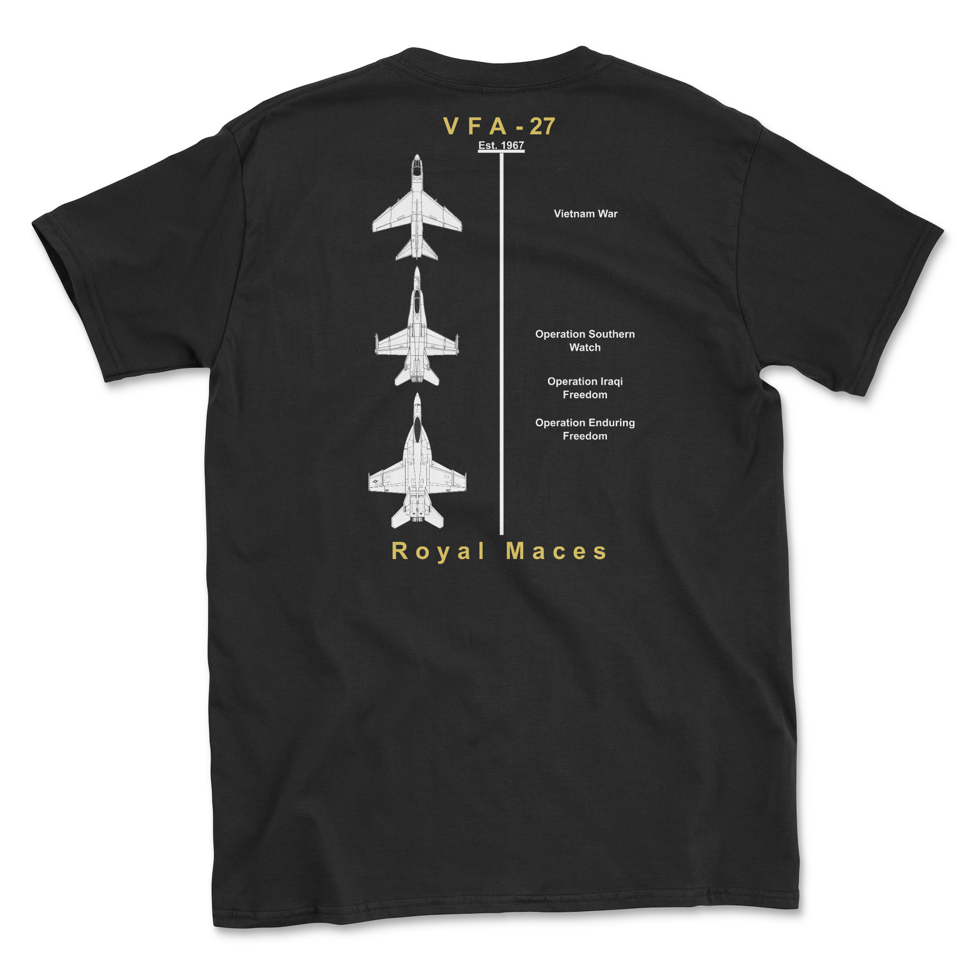 Black t-shirt with squadron aircraft and supported combat.