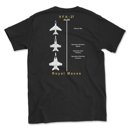 Black t-shirt with squadron aircraft and supported combat.