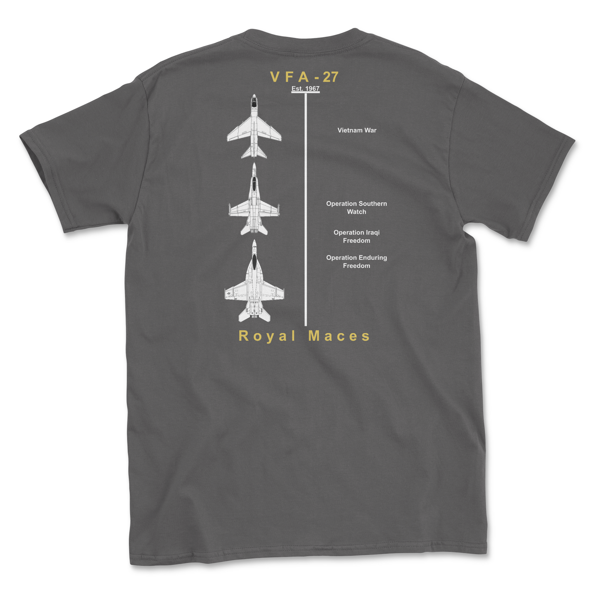 Charcoal t-shirt with squadron aircraft and supported combat.