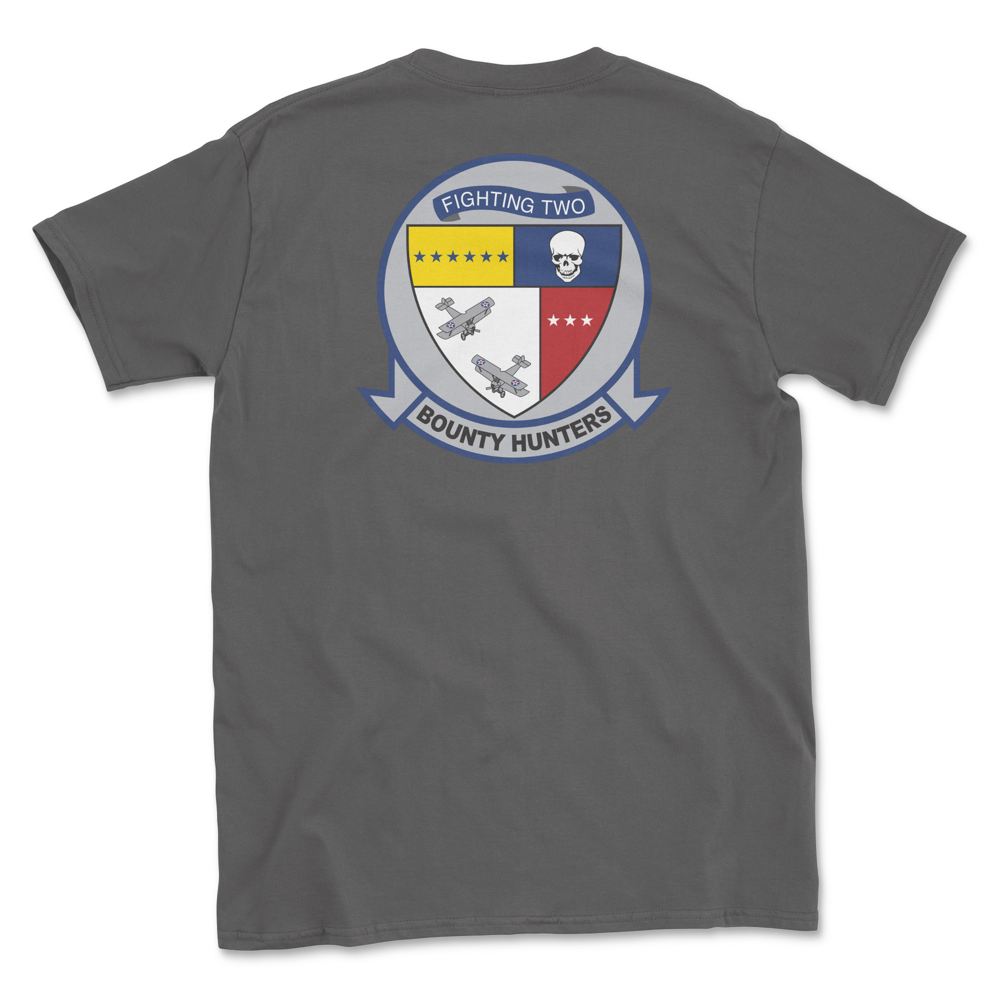 Charcoal t-shirt with squadron patch.
