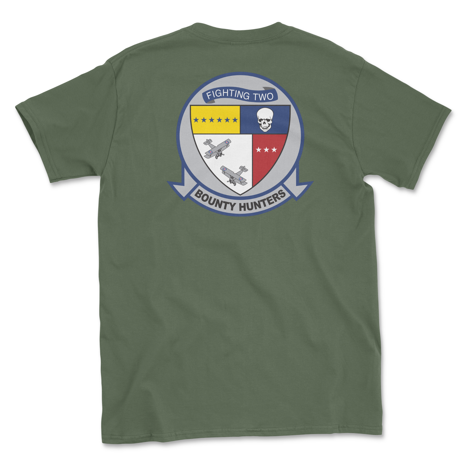 Military green t-shirt with squadron patch.