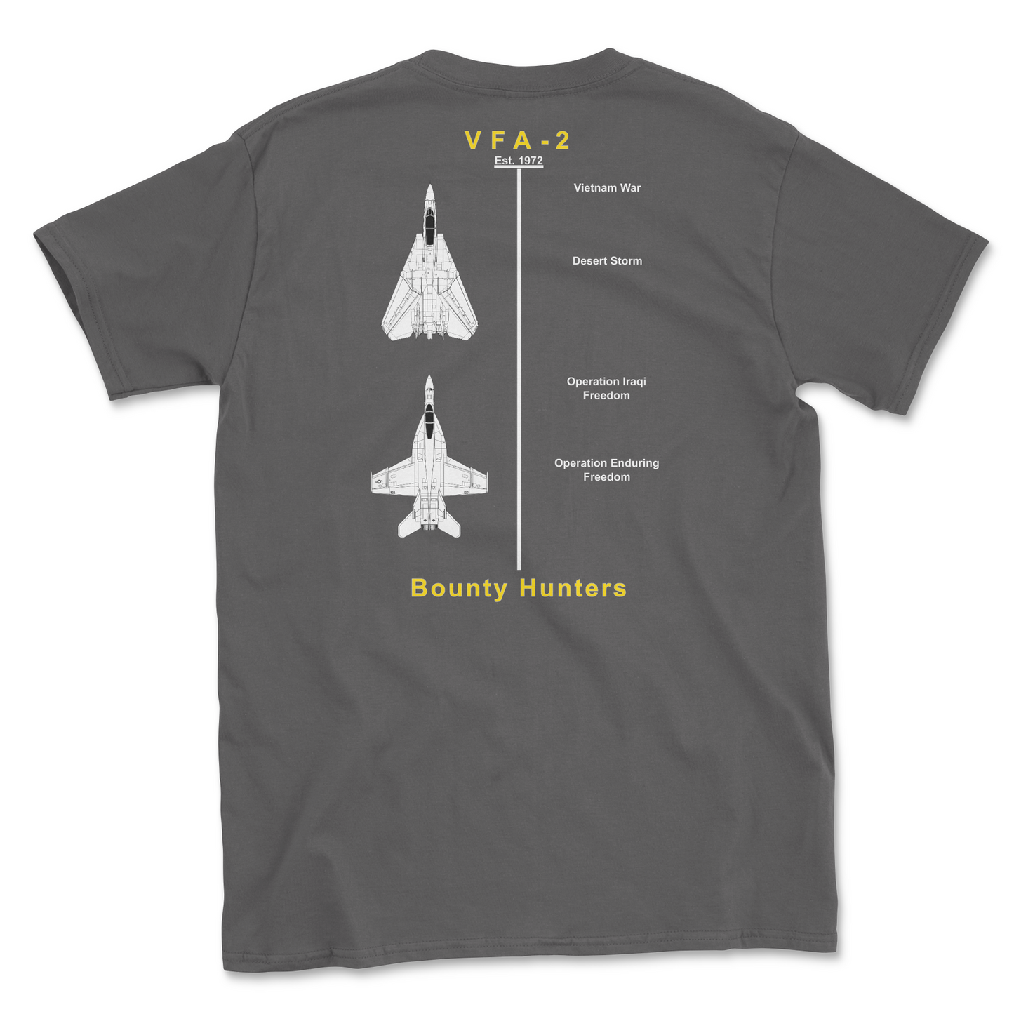 Charcoal t-shirt with squadron aircraft and supported combat.