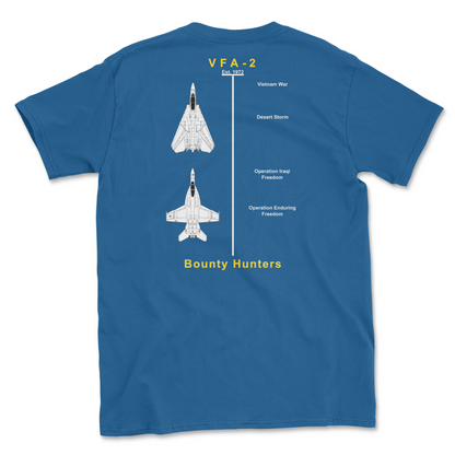 Royal blue t-shirt with squadron aircraft and supported combat.