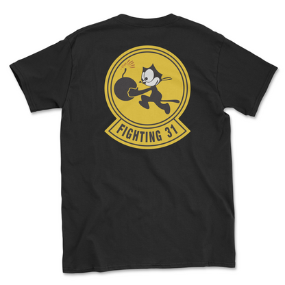 Black t-shirt with squadron patch.