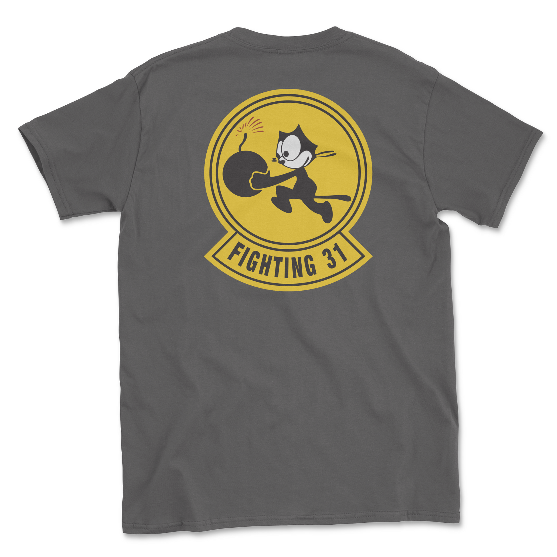Charcoal t-shirt with squadron patch.