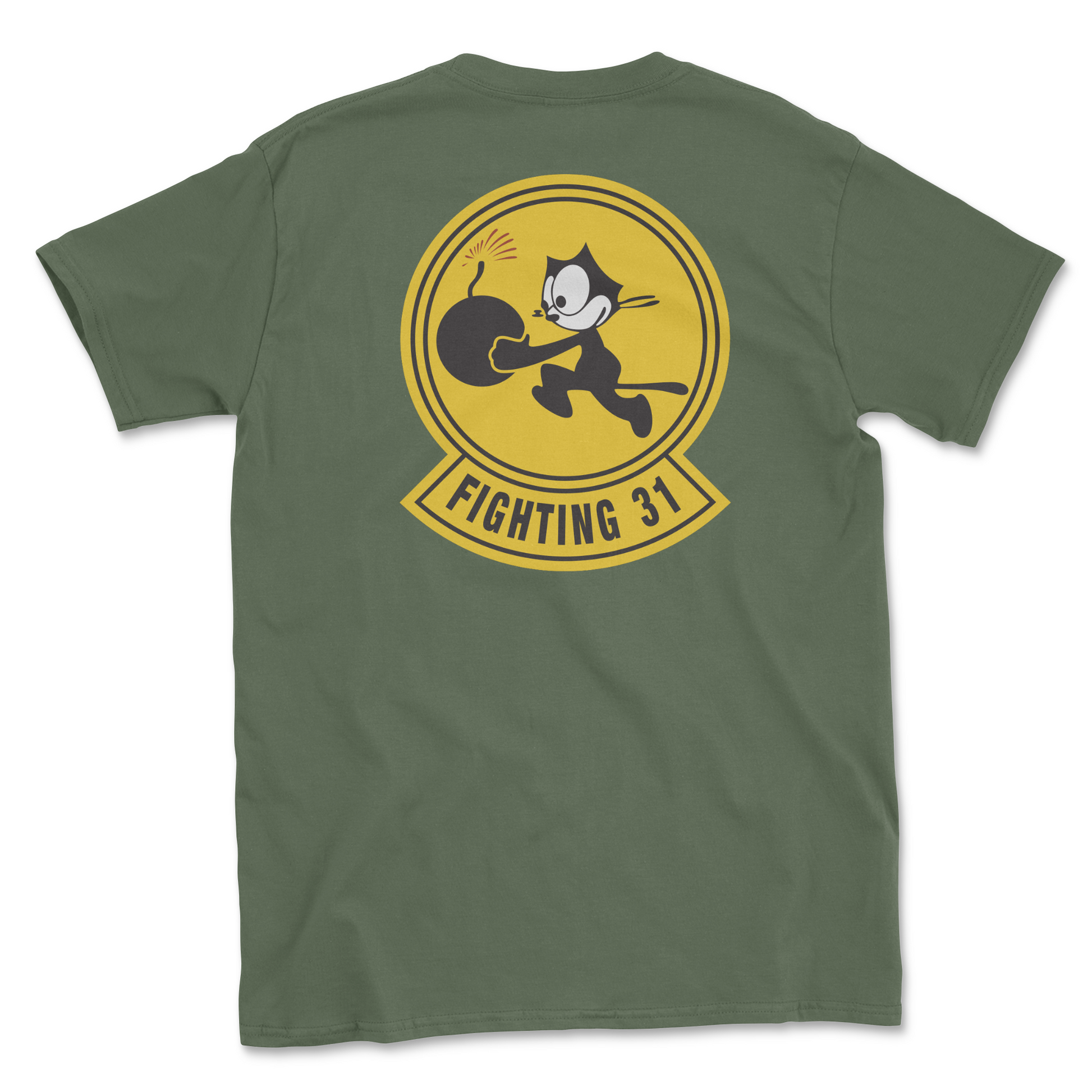 Military green t-shirt with squadron patch.