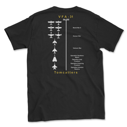 Black t-shirt with squadron aircraft and supported combat.
