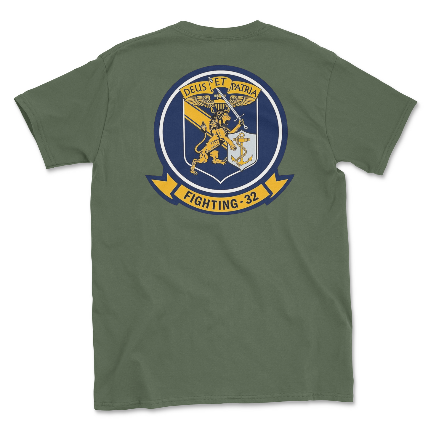 Military green t-shirt with squadron patch.