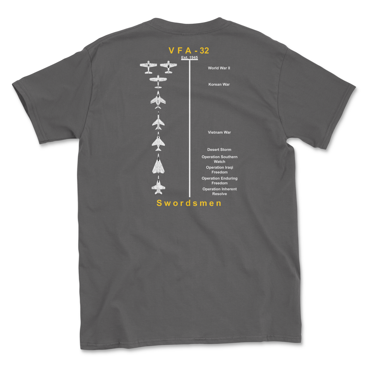 Charcoal t-shirt with squadron aircraft and supported combat.