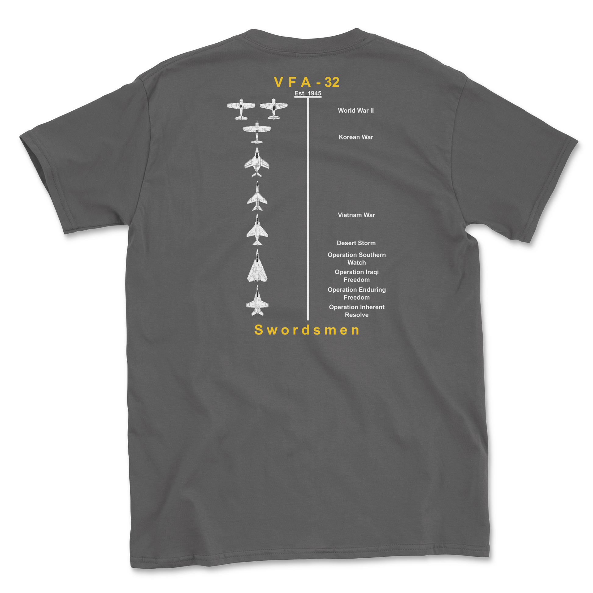 Charcoal t-shirt with squadron aircraft and supported combat.