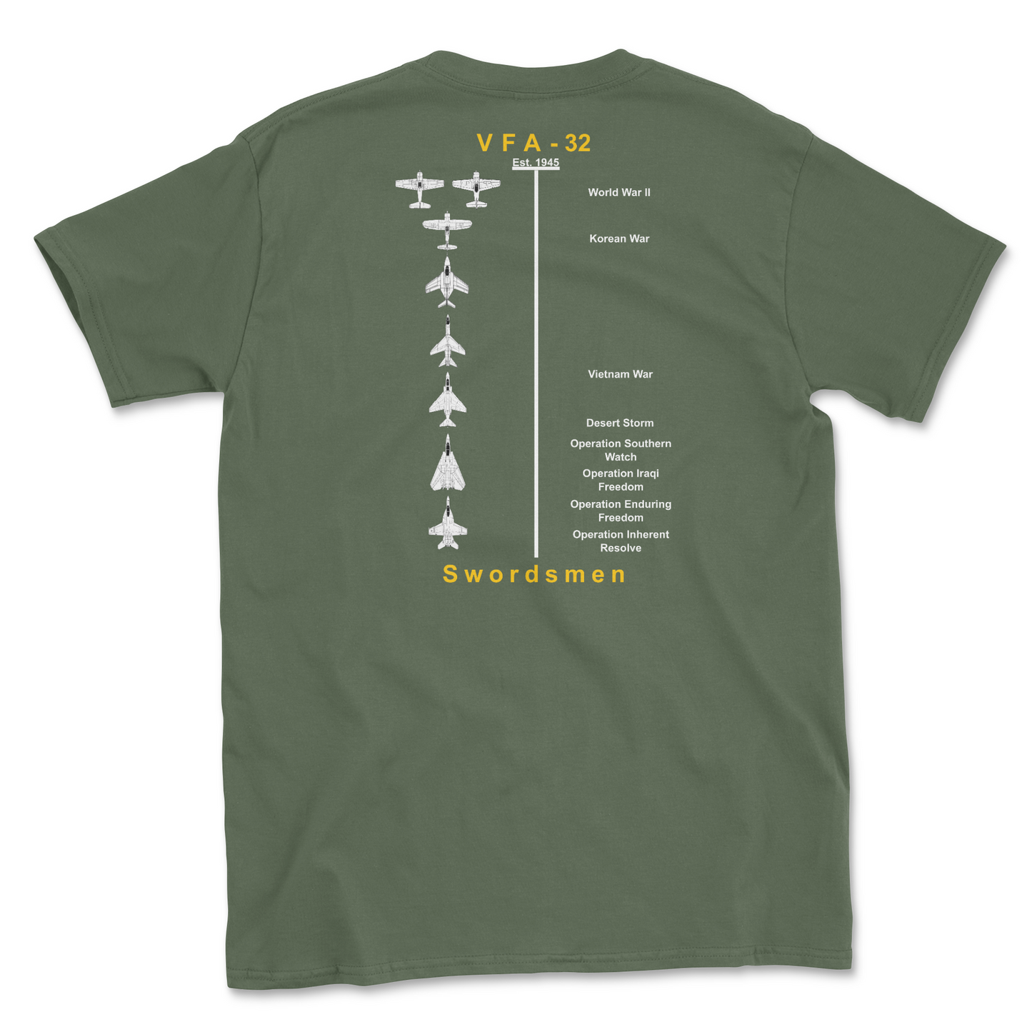 Military green t-shirt with squadron aircraft and supported combat.