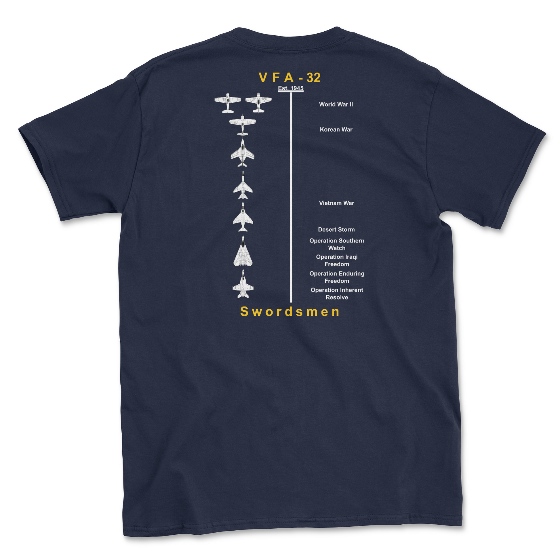 Navy blue t-shirt with squadron aircraft and supported combat.