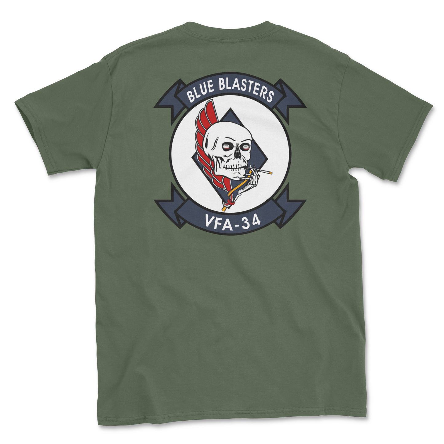 Military green t-shirt with squadron patch.