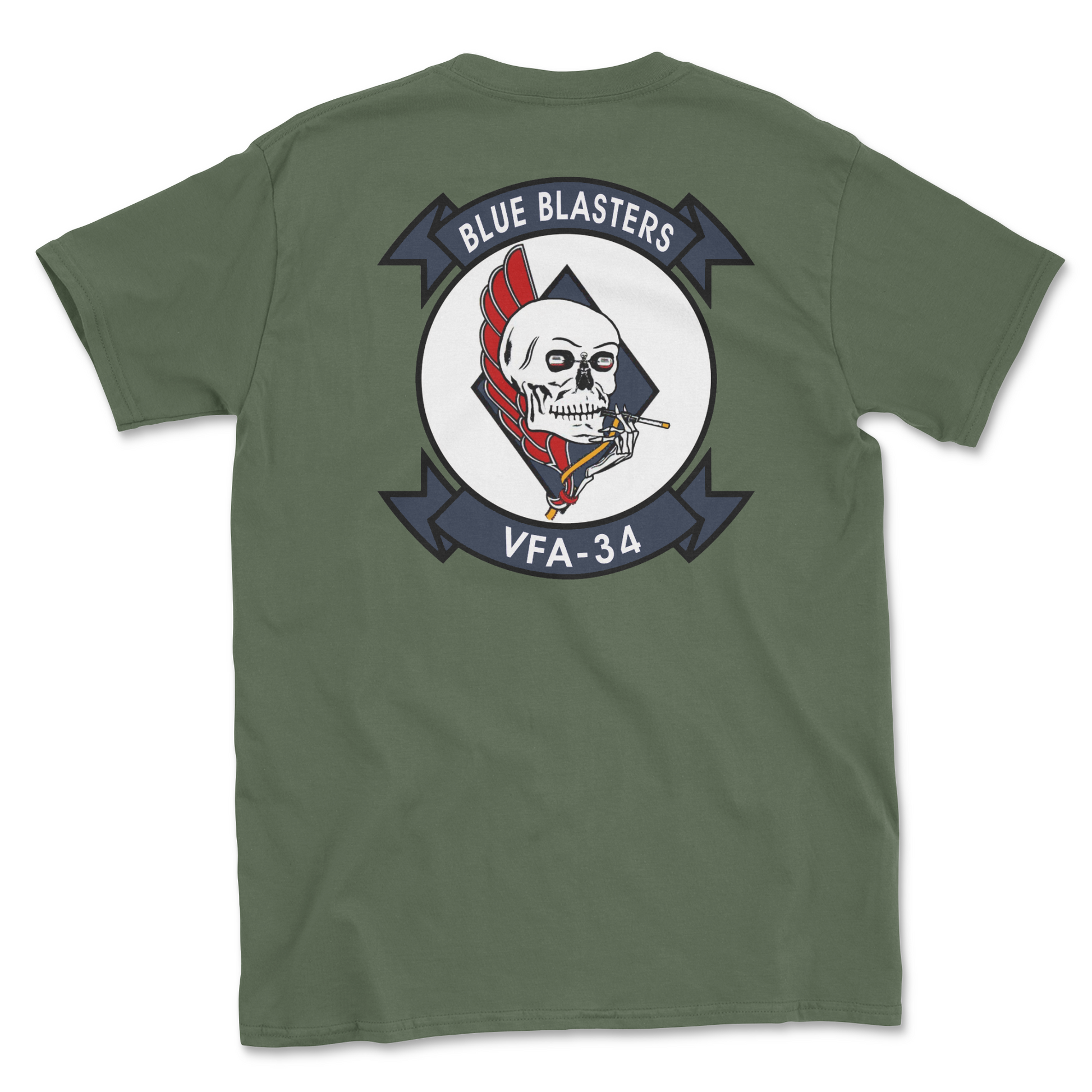 Military green t-shirt with squadron patch.