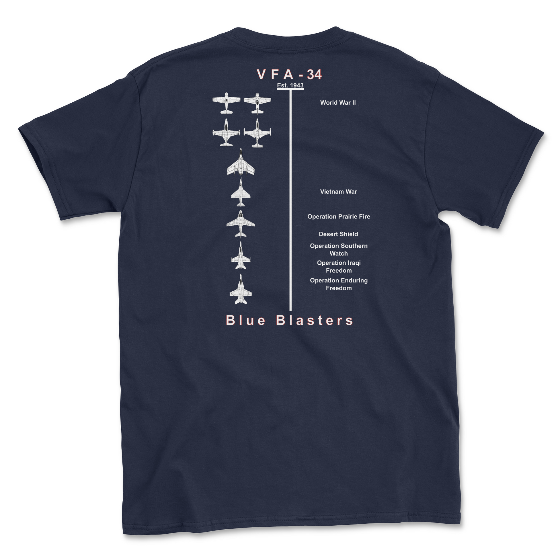 Navy blue t-shirt with squadron aircraft and supported combat.