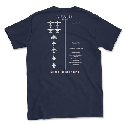 Navy blue t-shirt with squadron aircraft and supported combat.