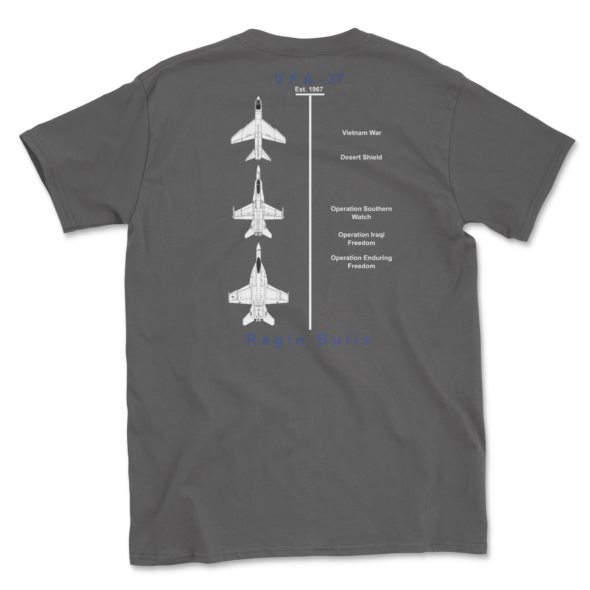 Charcoal t-shirt with squadron aircraft and supported combat.