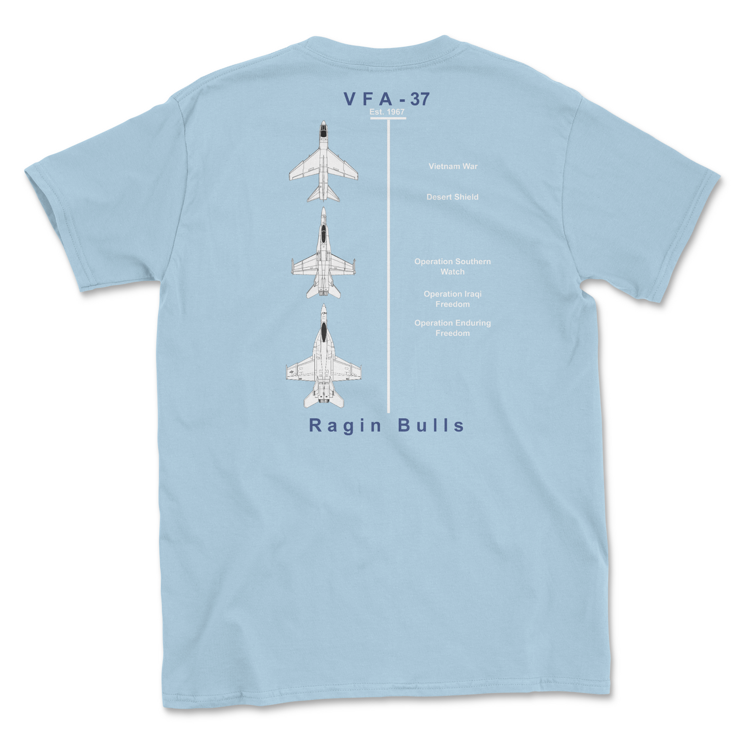 Light blue t-shirt with squadron aircraft and supported combat.