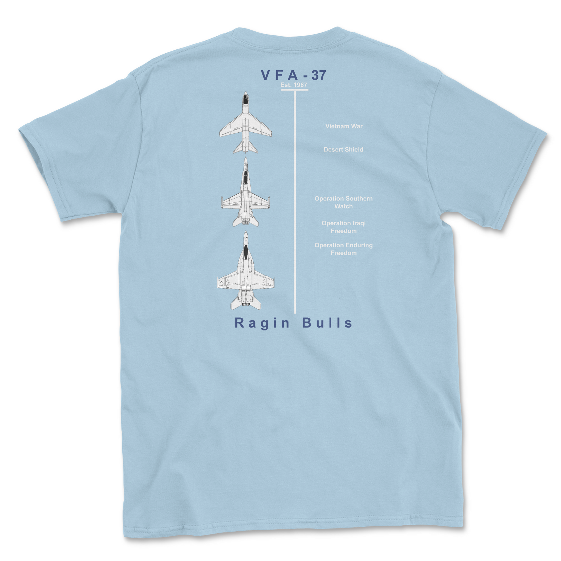 Light blue t-shirt with squadron aircraft and supported combat.