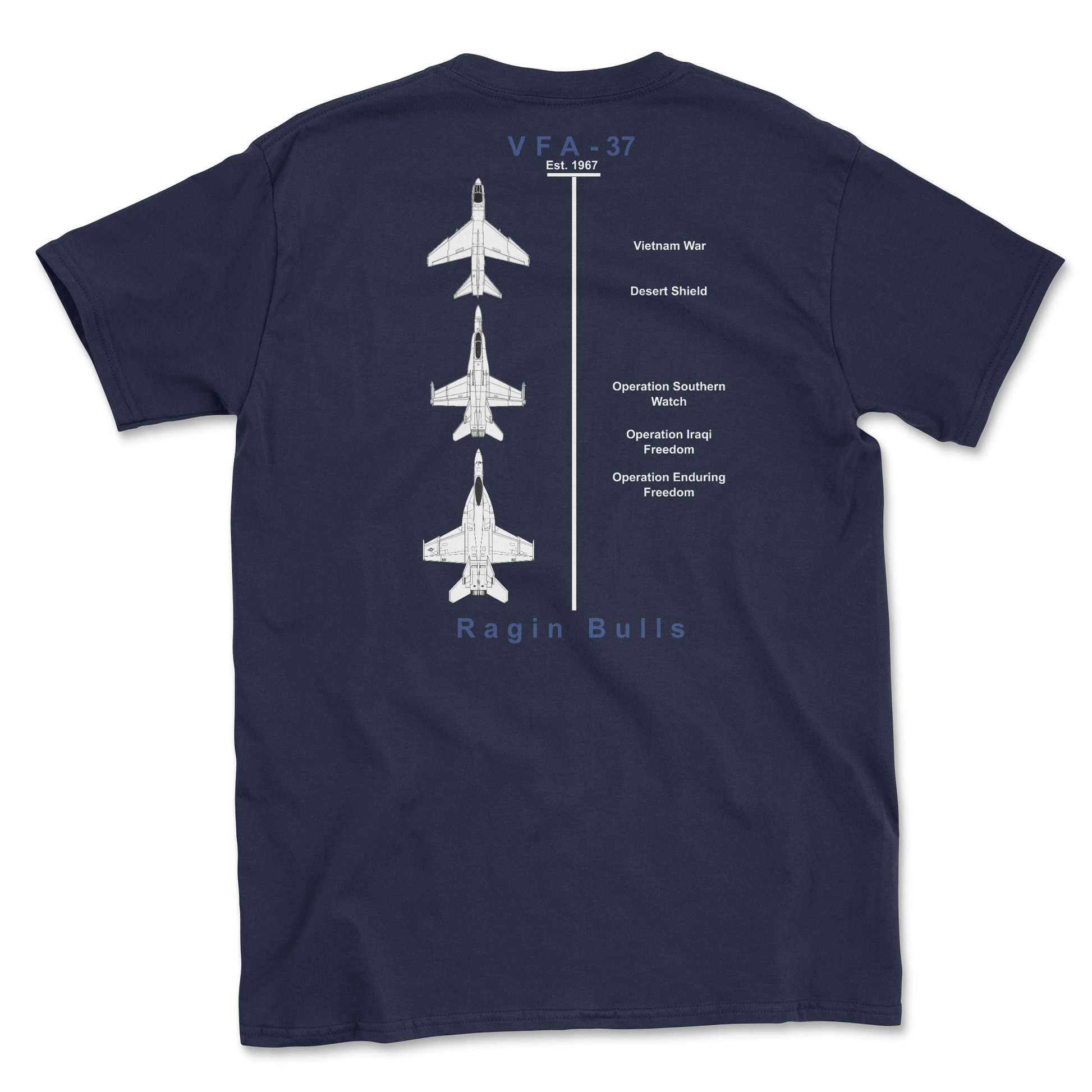 Navy blue t-shirt with squadron aircraft and supported combat.