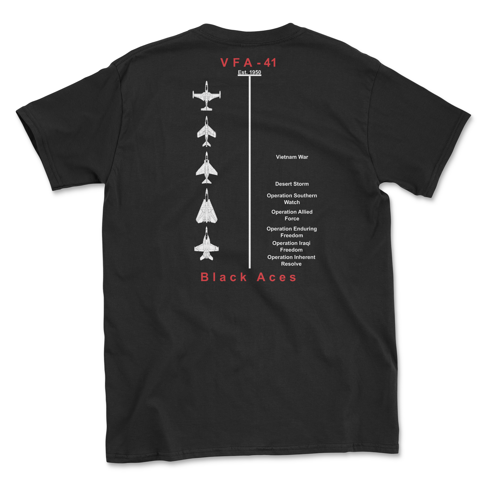 Black t-shirt with squadron aircraft and supported combat.