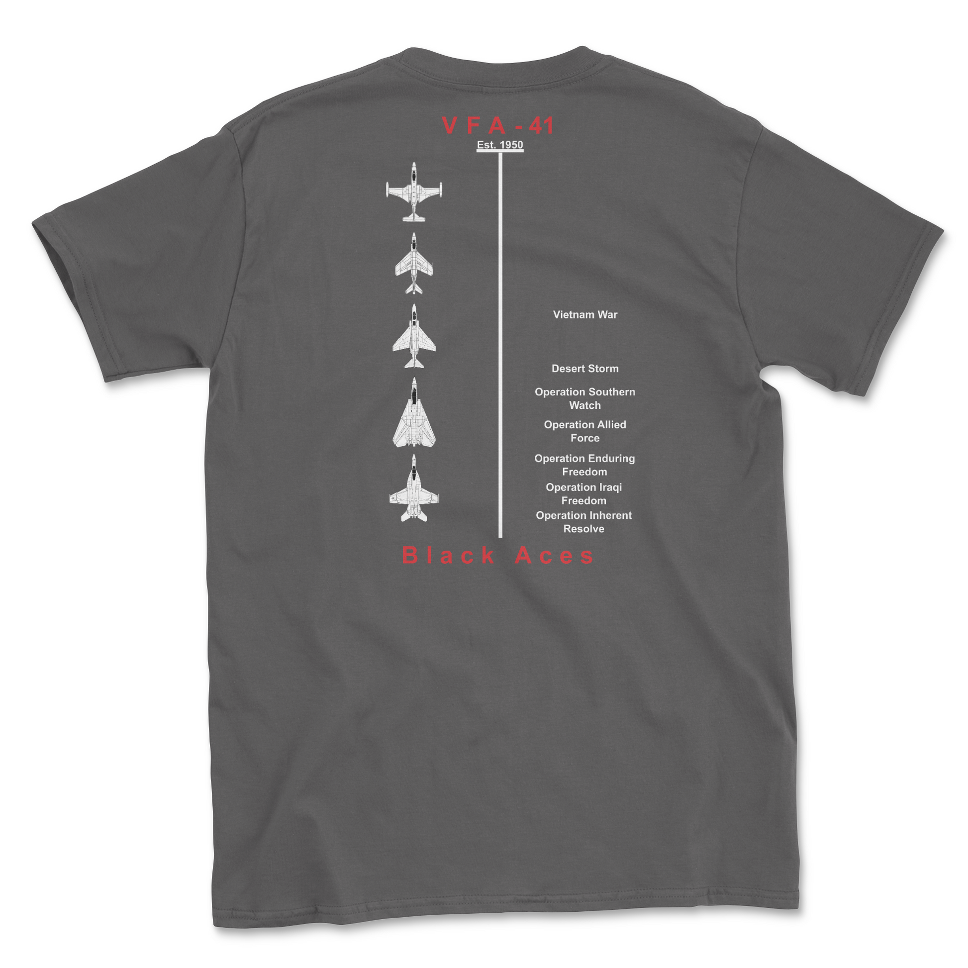 Charcoal t-shirt with squadron aircraft and supported combat.