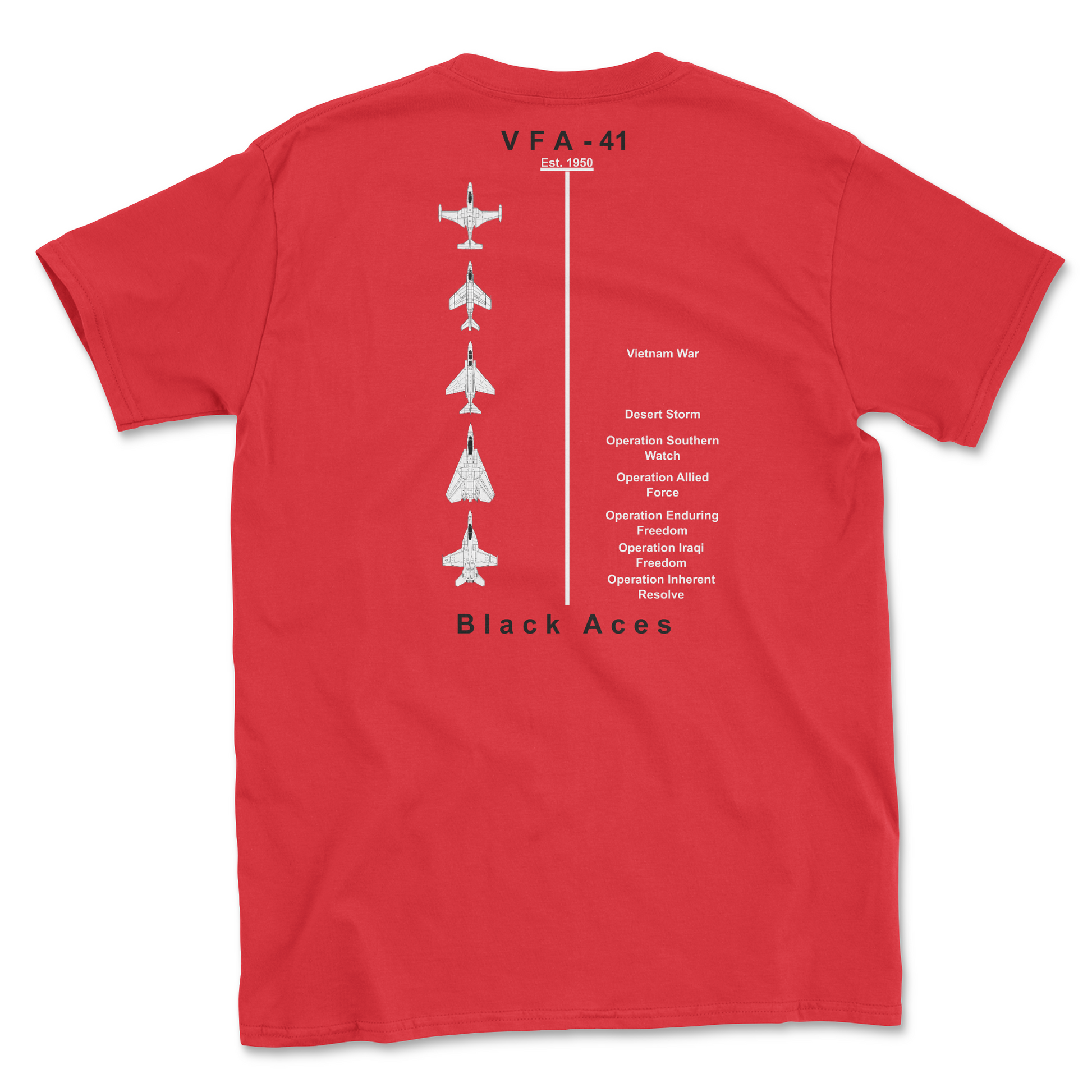 Red t-shirt with squadron aircraft and supported combat.