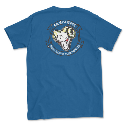 Royal blue t-shirt with squadron patch.