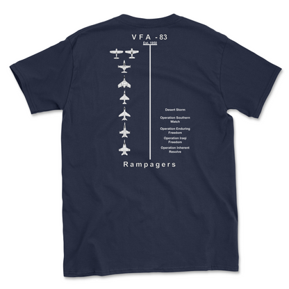 Navy blue t-shirt with squadron aircraft and supported combat.