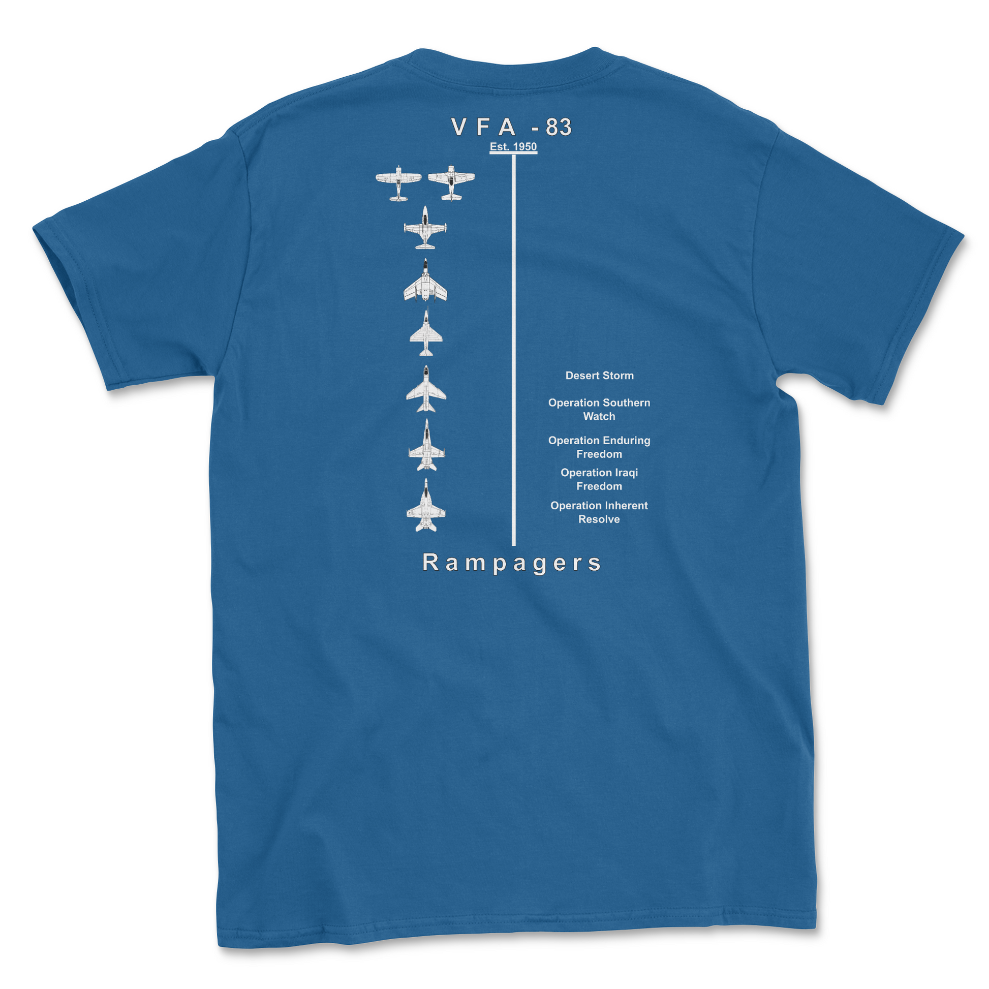 Royal blue t-shirt with squadron aircraft and supported combat.