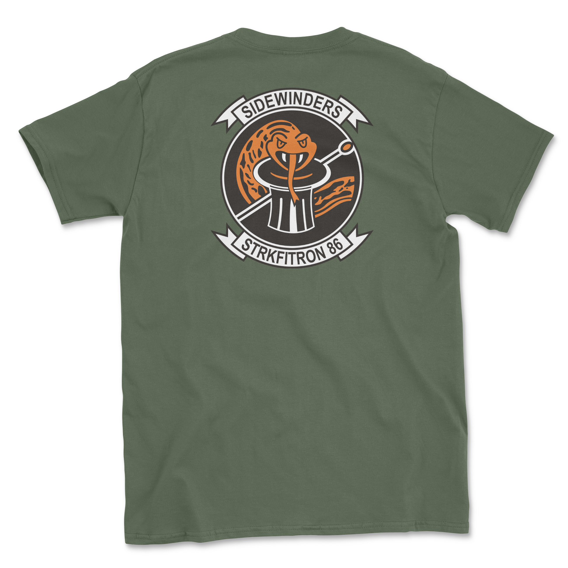 Military green t-shirt with squadron patch.