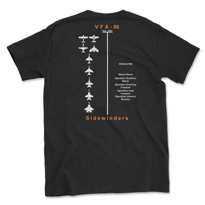 Black t-shirt with squadron aircraft and supported combat.