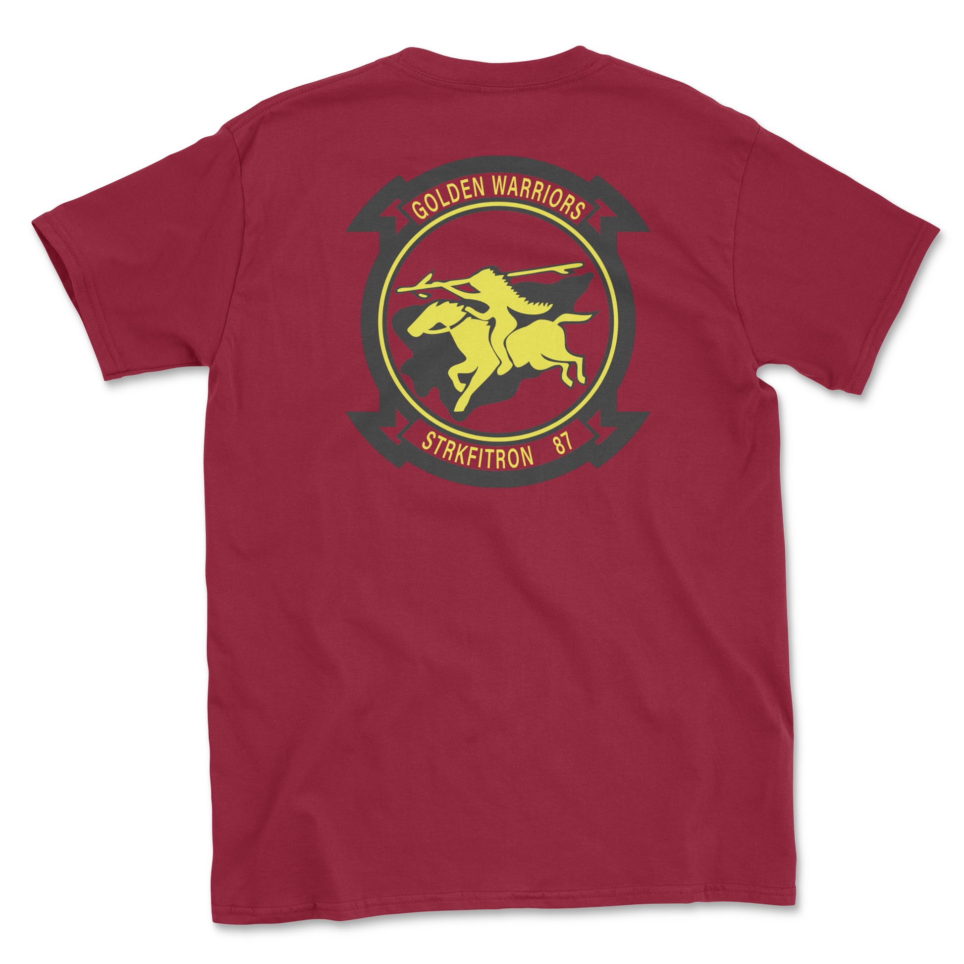 Red t-shirt with squadron patch.
