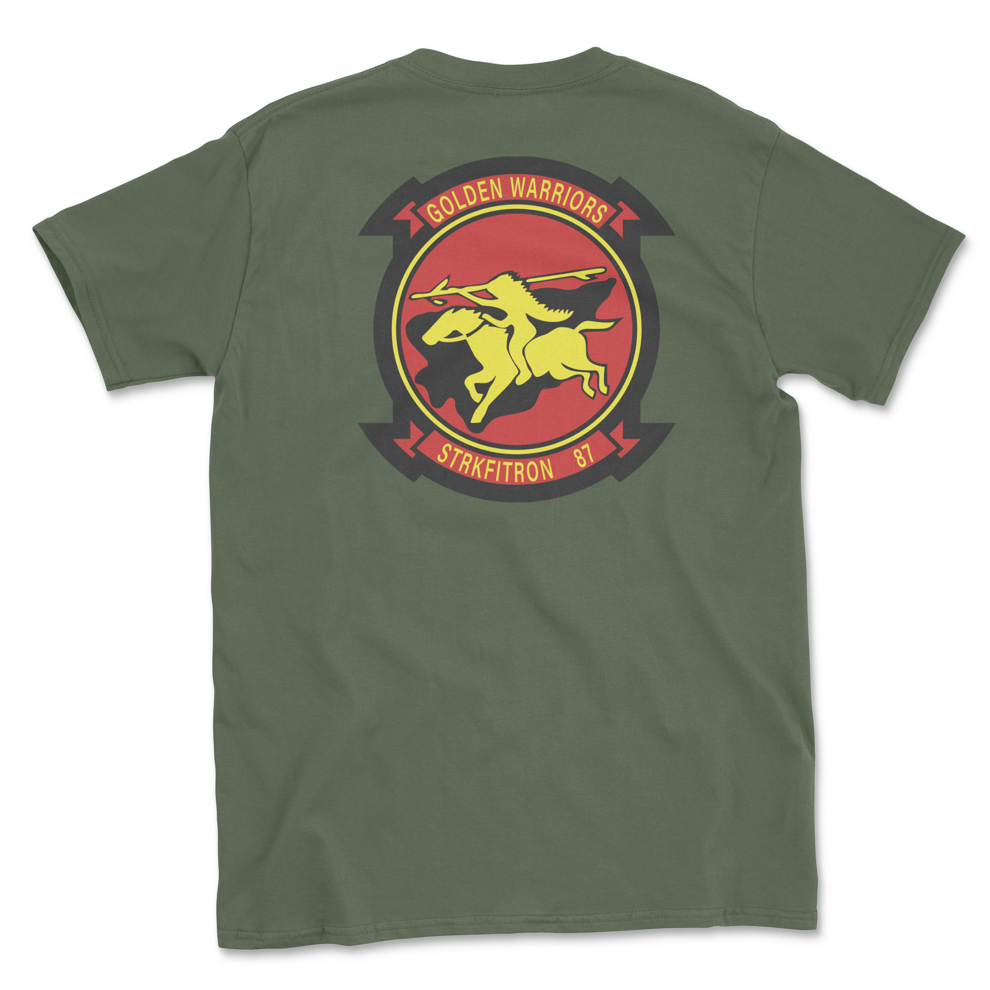 Military green t-shirt with squadron patch.