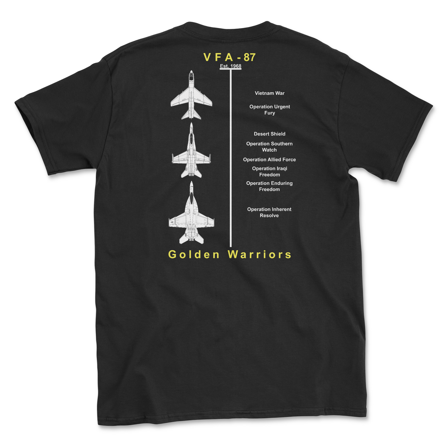 Black t-shirt with squadron aircraft and supported combat.