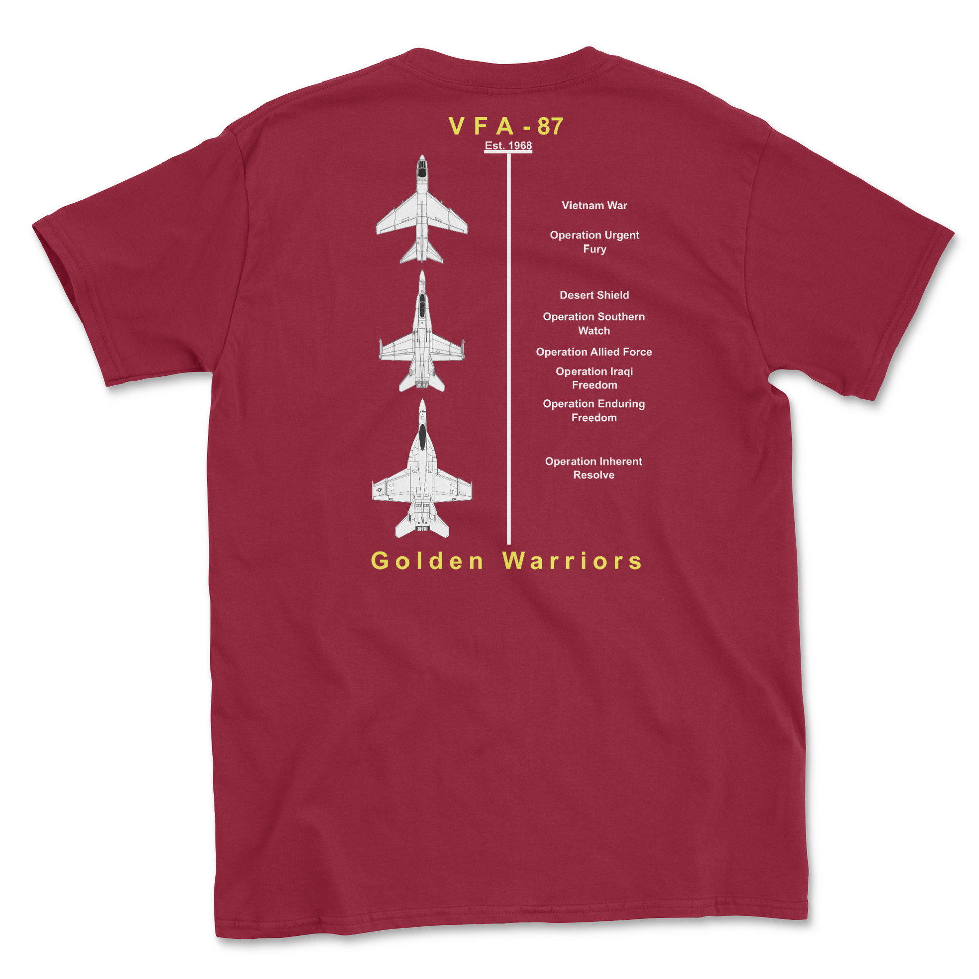 Red t-shirt with squadron aircraft and supported combat.