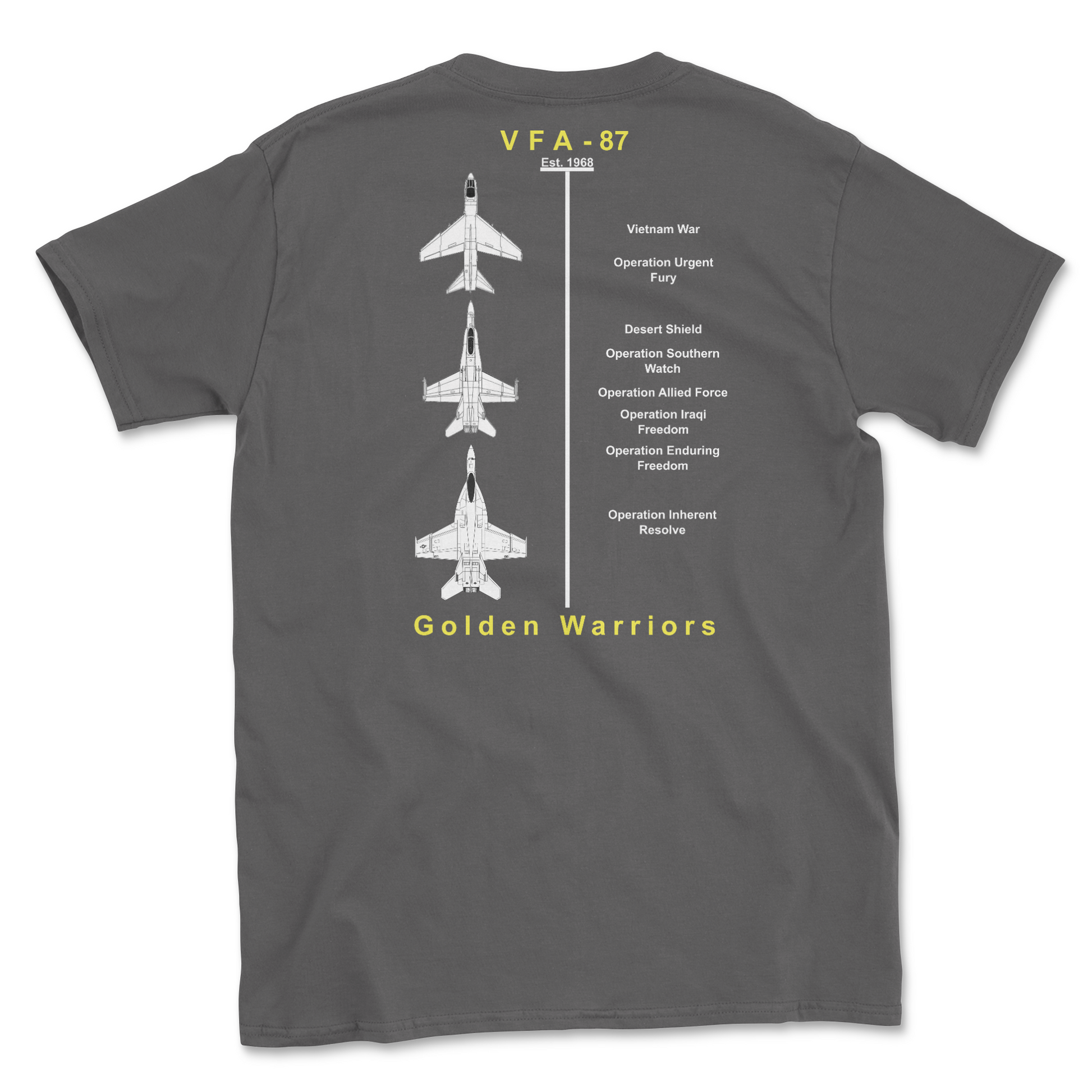 Charcoal t-shirt with squadron aircraft and supported combat.