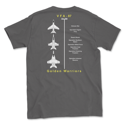 Charcoal t-shirt with squadron aircraft and supported combat.
